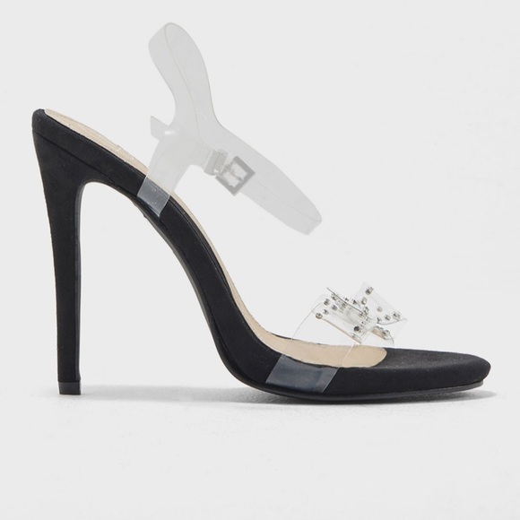 Missguided clear Perspex bow rhinestone ankle strap sandals heels black suede - Picture 9 of 10